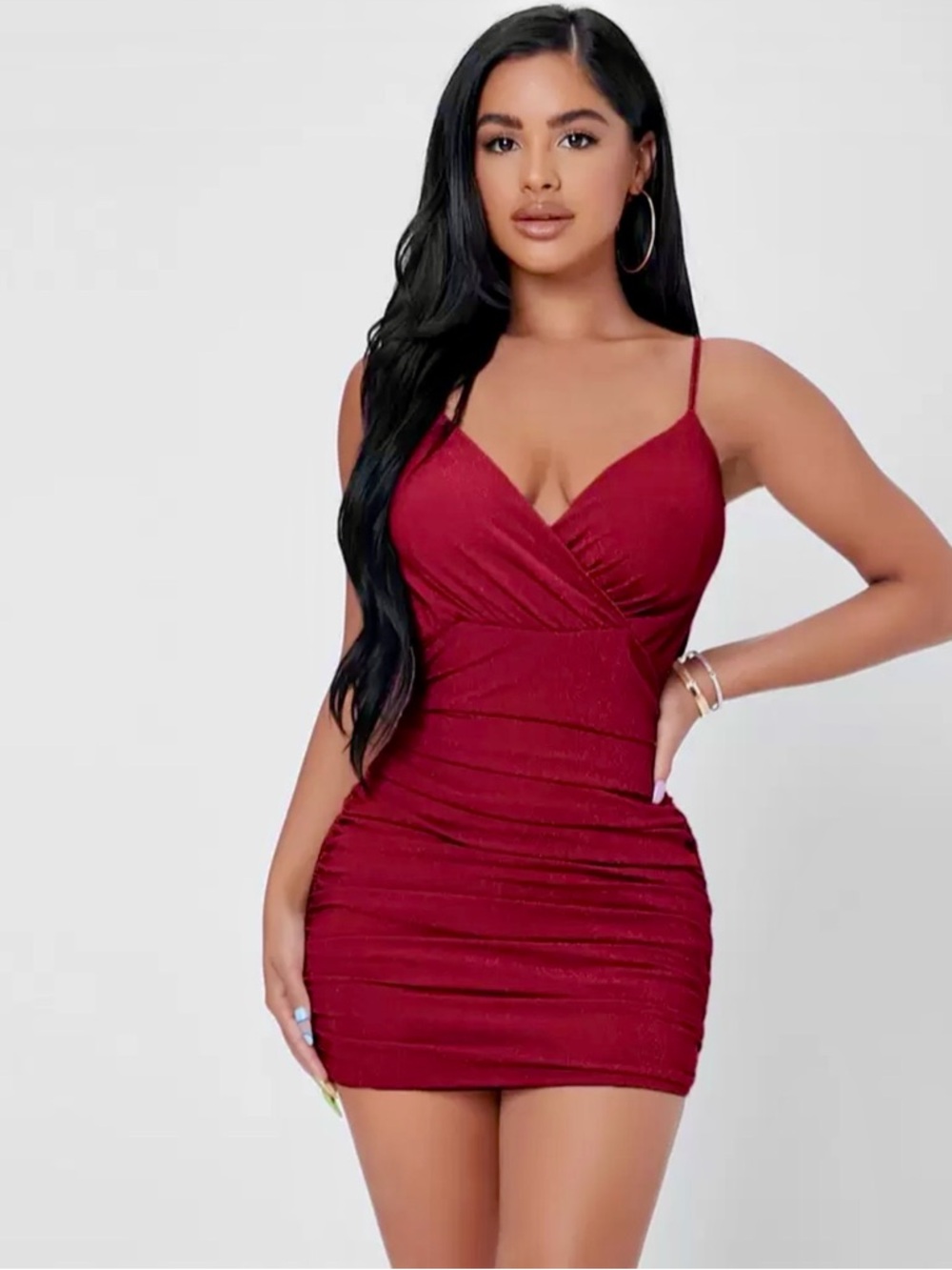SHEIN Burgundy Ruched Wrap Satin Spaghetti Strap Mini Dress